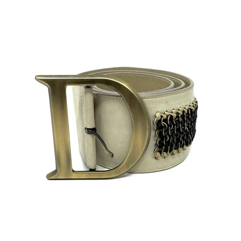Christian Dior Saddle Belt Beige Leather Antique Gold “D” Buckle Chainmail Sz 85